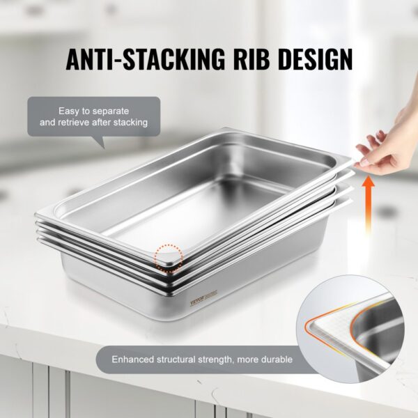 VEVOR 4er-Pack Hotelpfannen, Dampfpfanne in voller Größe mit Anti-Stau-Funktion und Deckel, 0,8 mm dicke Edelstahl-Dampftischpfanne, 4 Zoll tiefe kommerzielle Tischpfanne, Catering-Aufbewahrungspfanne für Lebensmittel, für Industrie und Wissenschaft – Bild 4