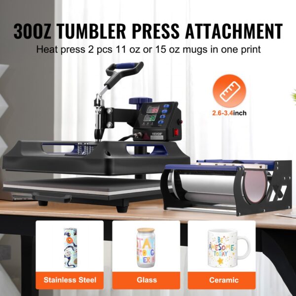 VEVOR Hitzepresse, 15 x 15 Zoll, 5-in-1-Wärmeübertragungsmaschine mit 30-oz-Tumbler-Presse, 360° wegschwenkbares digitales T-Shirt-Pressen, Teflonbeschichtung, für T-Shirts/Tassen/Hüte/Teller, Schwarz+Blau – Bild 3