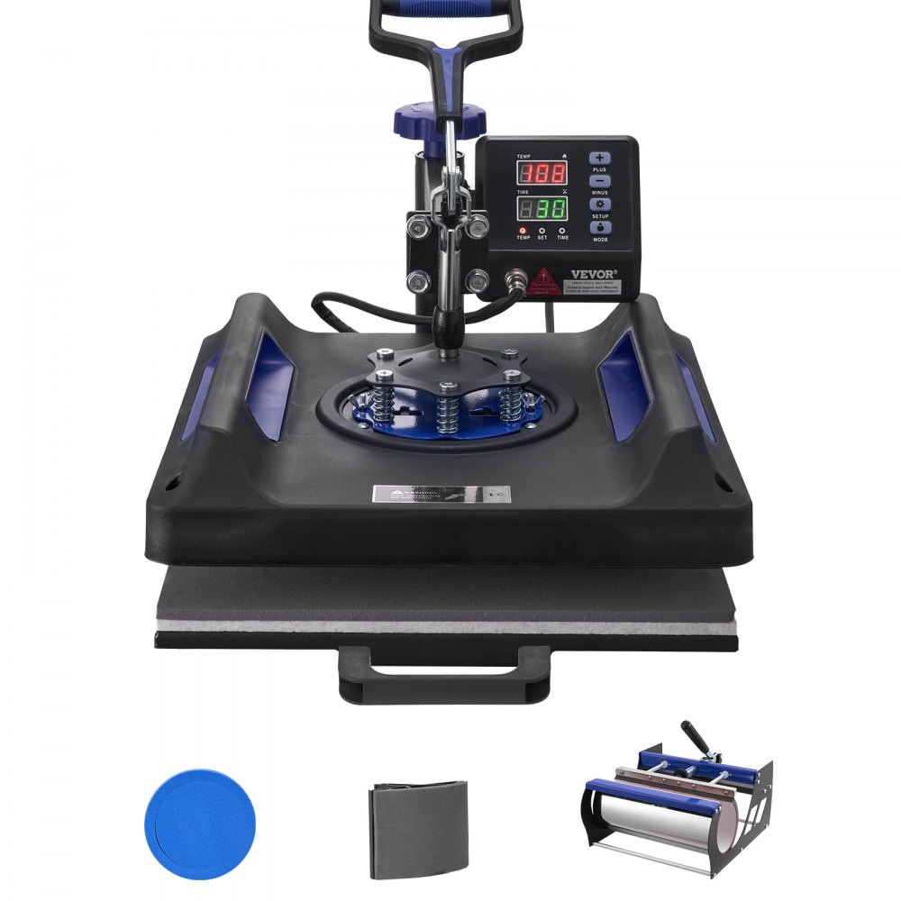 VEVOR Hitzepresse, 15 x 15 Zoll, 5-in-1-Wärmeübertragungsmaschine mit 30-oz-Tumbler-Presse, 360° wegschwenkbares digitales T-Shirt-Pressen, Teflonbeschichtung, für T-Shirts/Tassen/Hüte/Teller, Schwarz+Blau