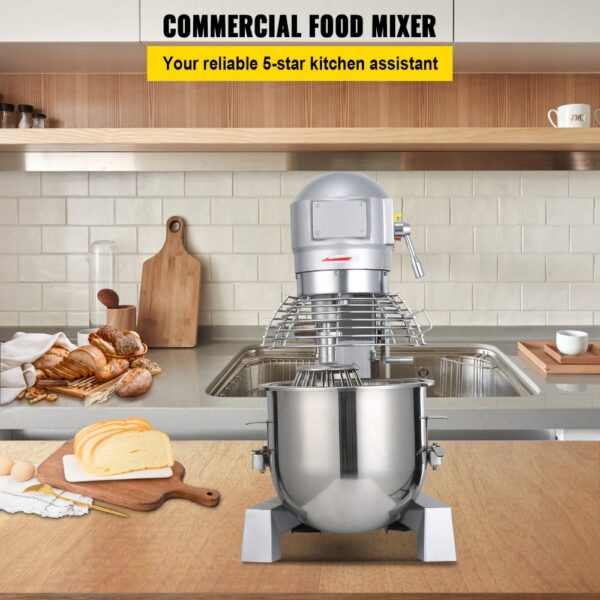 VEVOR Teigknetmaschine Küchenmaschine, 15 Qt Edelstahl Teigmixer, 600 W, einstellbar (130/233/414 U/min), inkl. Edelstahlschüssel, Knethaken, Schneebesen, Rührbesen, ideal für Bäckereien, Restaurants – Bild 2