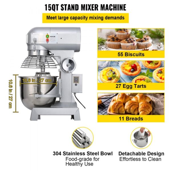 VEVOR Teigknetmaschine Küchenmaschine, 15 Qt Edelstahl Teigmixer, 600 W, einstellbar (130/233/414 U/min), inkl. Edelstahlschüssel, Knethaken, Schneebesen, Rührbesen, ideal für Bäckereien, Restaurants – Bild 3