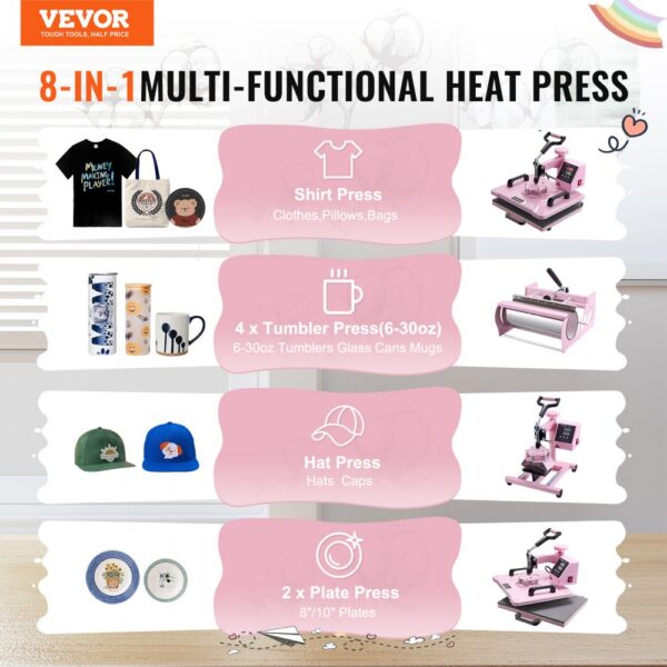 VEVOR Hitzepresse Transferpresse 30x38cm 8 in 1 Tumbler Presse T-Shirts Rosa – Bild 2