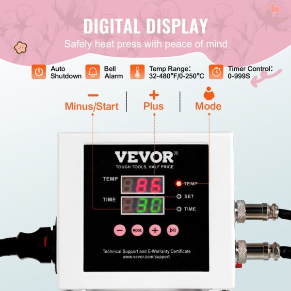 VEVOR Wärmepresse, 15 x 15 Zoll digitale Wärmepresse, herausziehbare Wärmeübertragungsmaschine, schnelles und gleichmäßiges Aufheizen, 2-lagige Isolierbaumwolle, Wärmeübertragungsmaschine für T-Shirts/Kissen/Taschen, Rosa – Bild 4