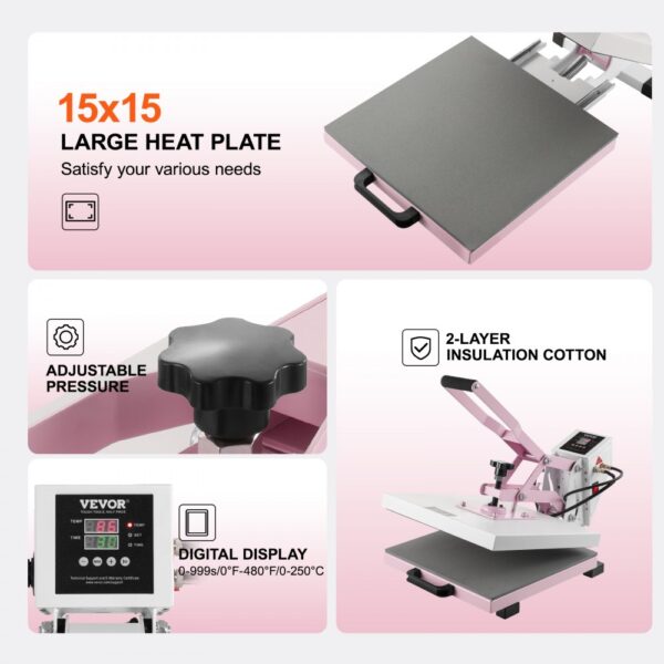 VEVOR Wärmepresse, 15 x 15 Zoll digitale Wärmepresse, herausziehbare Wärmeübertragungsmaschine, schnelles und gleichmäßiges Aufheizen, 2-lagige Isolierbaumwolle, Wärmeübertragungsmaschine für T-Shirts/Kissen/Taschen, Rosa – Bild 5