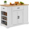 VEVOR Kücheninselwagen, 117 cm Frühstücksbar mit Holzplatte und Lagerschrank, Bauernküchentisch mit verstellbarem Regal, Schublade, für Esszimmer, Küche und Wohnzimmer, weiß