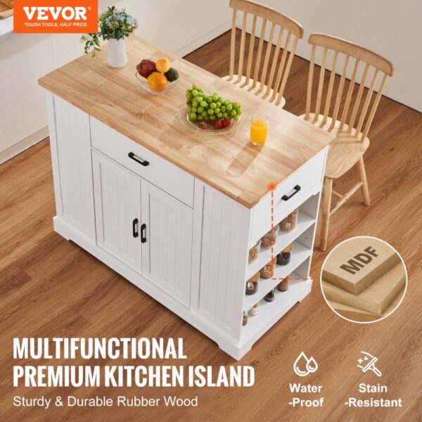 VEVOR Kücheninselwagen, 117 cm Frühstücksbar mit Holzplatte und Lagerschrank, Bauernküchentisch mit verstellbarem Regal, Schublade, für Esszimmer, Küche und Wohnzimmer, weiß – Bild 2