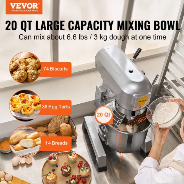 VEVOR kommerzieller Küchenmixer, 18,7 L Standmixer mit 3 einstellbaren Drehzahlen, 1100 W Teigmixer mit Edelstahlschüssel und 3 Mixaufsätzen, ideal für Restaurant, Bäckerei, Konditorei, Café usw. – Bild 2