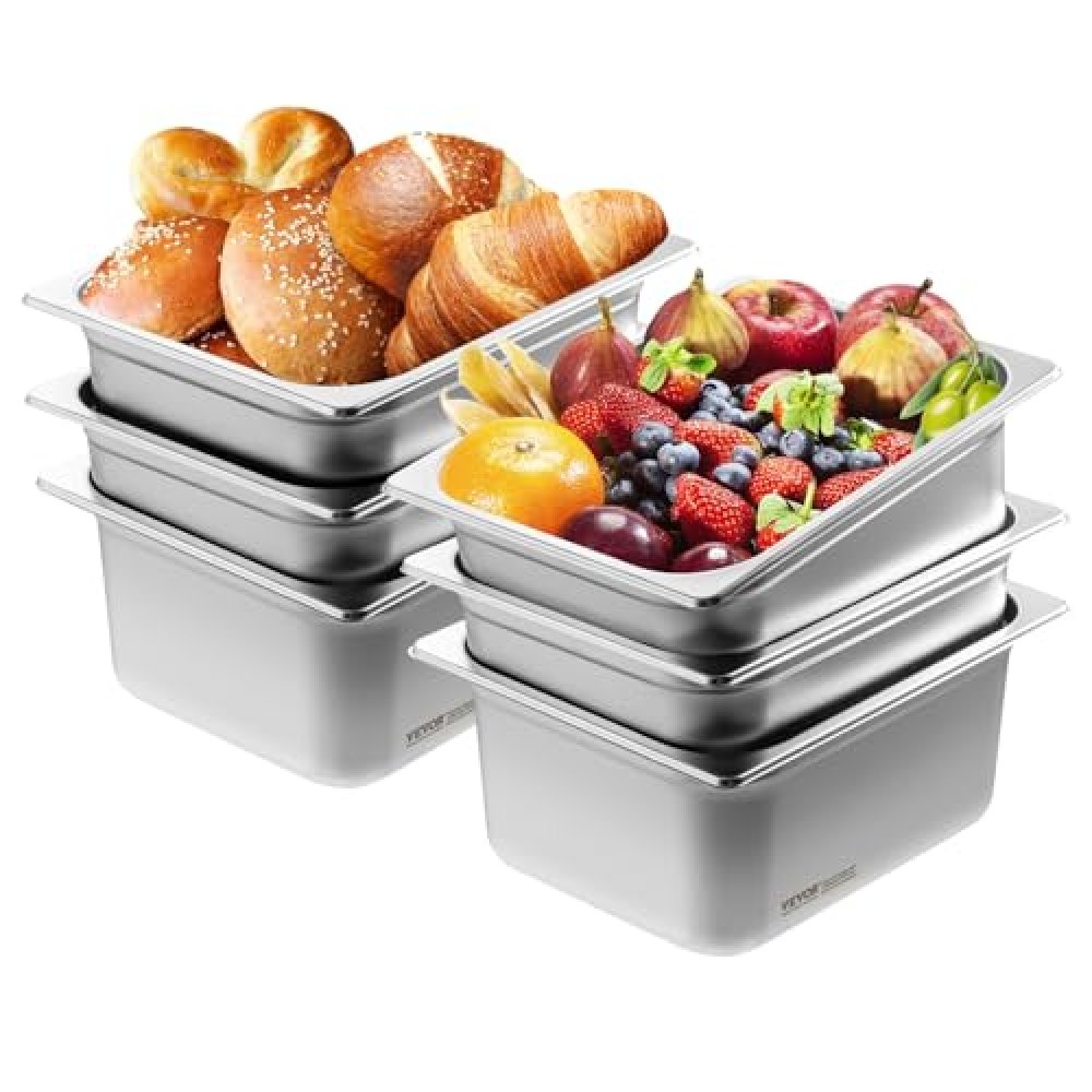 VEVOR 1/2-Größe 1/2 Gastronormbehälter, Edelstahl Behälter 6 Stk. 325 x 266 x 148 mm Speisebehälter, kommerzieller Dampfpfanne Warmhaltebehälter, Hotelpfanne Tisch Food Pan Buffet