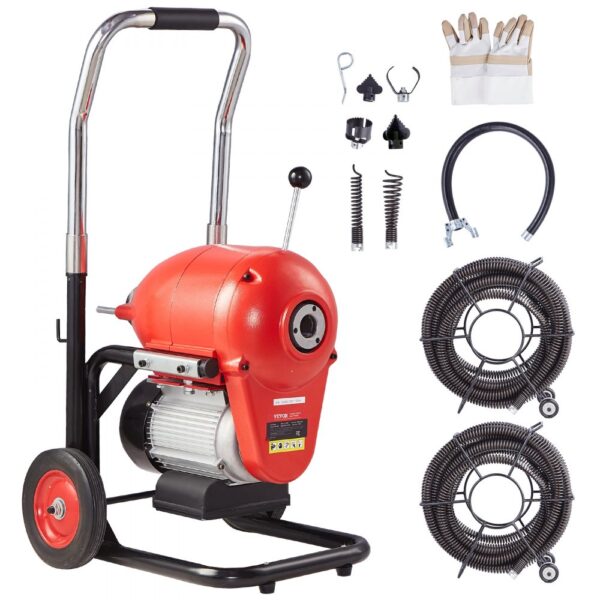 VEVOR Rohrreinigungsmaschine 120 Fuß x 6/5 Zoll, 1100 W elektrische Rohrreinigungsmaschine mit manueller Zufuhr – mit 6 Schneidern und CW/CCW-Steuerung für 4" bis 8" Rohre