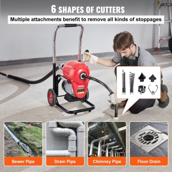 VEVOR Rohrreinigungsmaschine 120 Fuß x 6/5 Zoll, 1100 W elektrische Rohrreinigungsmaschine mit manueller Zufuhr – mit 6 Schneidern und CW/CCW-Steuerung für 4" bis 8" Rohre – Bild 4