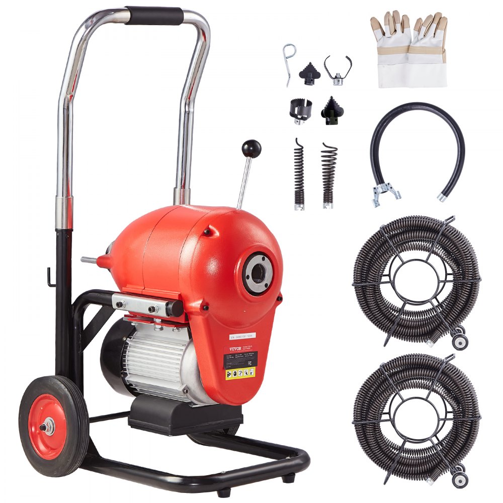 VEVOR Rohrreinigungsmaschine 120 Fuß x 6/5 Zoll, 1100 W elektrische Rohrreinigungsmaschine mit manueller Zufuhr – mit 6 Schneidern und CW/CCW-Steuerung für 4" bis 8" Rohre