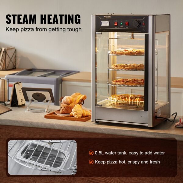 VEVOR Kommerzieller Speisenwärmer für 14-Zoll-Pizza, 4-stufiger Pizzawärmer mit rotierender Dampfheizung, 30℃~85℃ Temperaturregelung und Temperaturanzeige, 25 W Ofenlicht + obere LED für Pizzeria, Restaurant – Bild 5