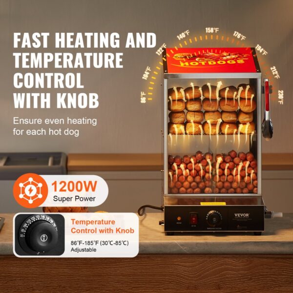VEVOR Hot Dog Dampfgarer, 37L, 2-stufiger Hot Dog Hütten-Dampfgarer, 30℃~85℃, elektrischer Brötchenwärmer mit Schiebetüren aus gehärtetem Glas, Trennplattenzange, für Hot Dogs & Brötchen – Bild 3