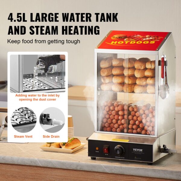 VEVOR Hot Dog Dampfgarer, 37L, 2-stufiger Hot Dog Hütten-Dampfgarer, 30℃~85℃, elektrischer Brötchenwärmer mit Schiebetüren aus gehärtetem Glas, Trennplattenzange, für Hot Dogs & Brötchen – Bild 4
