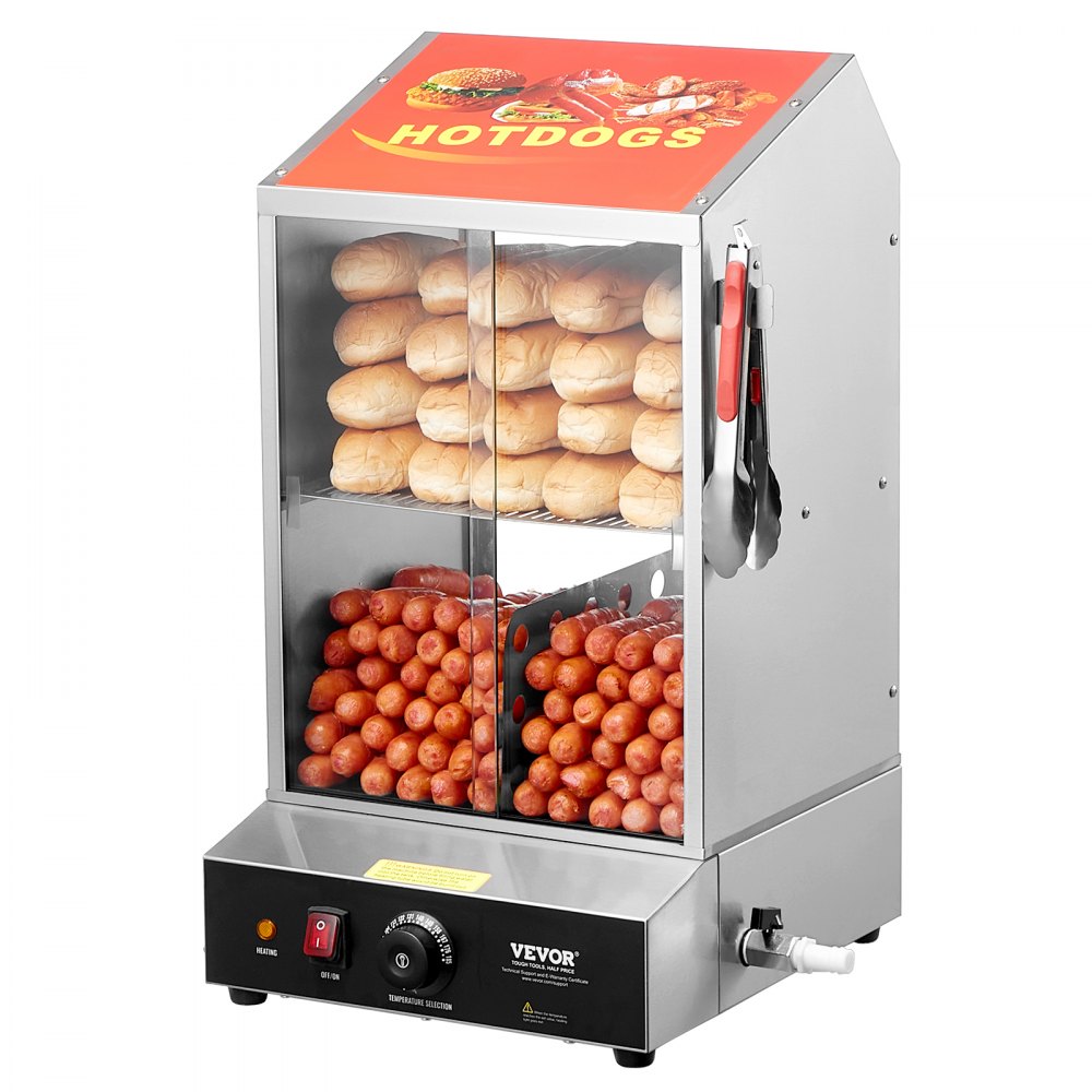 VEVOR Hot Dog Dampfgarer, 37L, 2-stufiger Hot Dog Hütten-Dampfgarer, 30℃~85℃, elektrischer Brötchenwärmer mit Schiebetüren aus gehärtetem Glas, Trennplattenzange, für Hot Dogs & Brötchen
