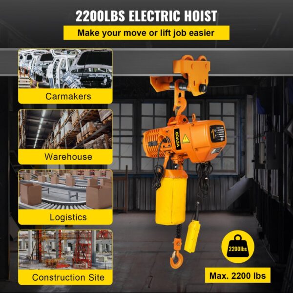 VEVOR Elektrischer Kettenzug, 2200 lbs Tragkraft, 13 ft Hubhöhe, 11 ft/min Geschwindigkeit, 230 V, einphasiger Brückenkran mit G80-Kette, 10,8 ft Kabelfernbedienung für Garage, Geschäft, Hotel, Zuhause – Bild 2