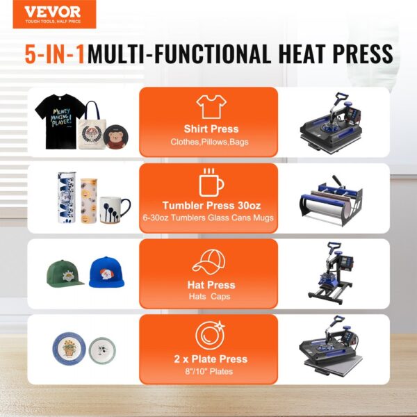 VEVOR Hitzepresse Transferpresse 38x38cm 8 in 1 Tumbler Presse T-Shirts Blau – Bild 2