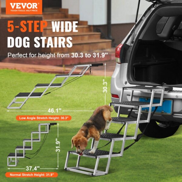 VEVOR Hundetreppe für Autos, breite 5-stufige Hundeautotreppe, zusammenklappbare Hundeautorampe mit rutschfester Oberfläche, tragbare Haustiertreppe aus leichtem Aluminium für Auto, SUV und LKW, trägt bis zu 68 kg – Bild 2