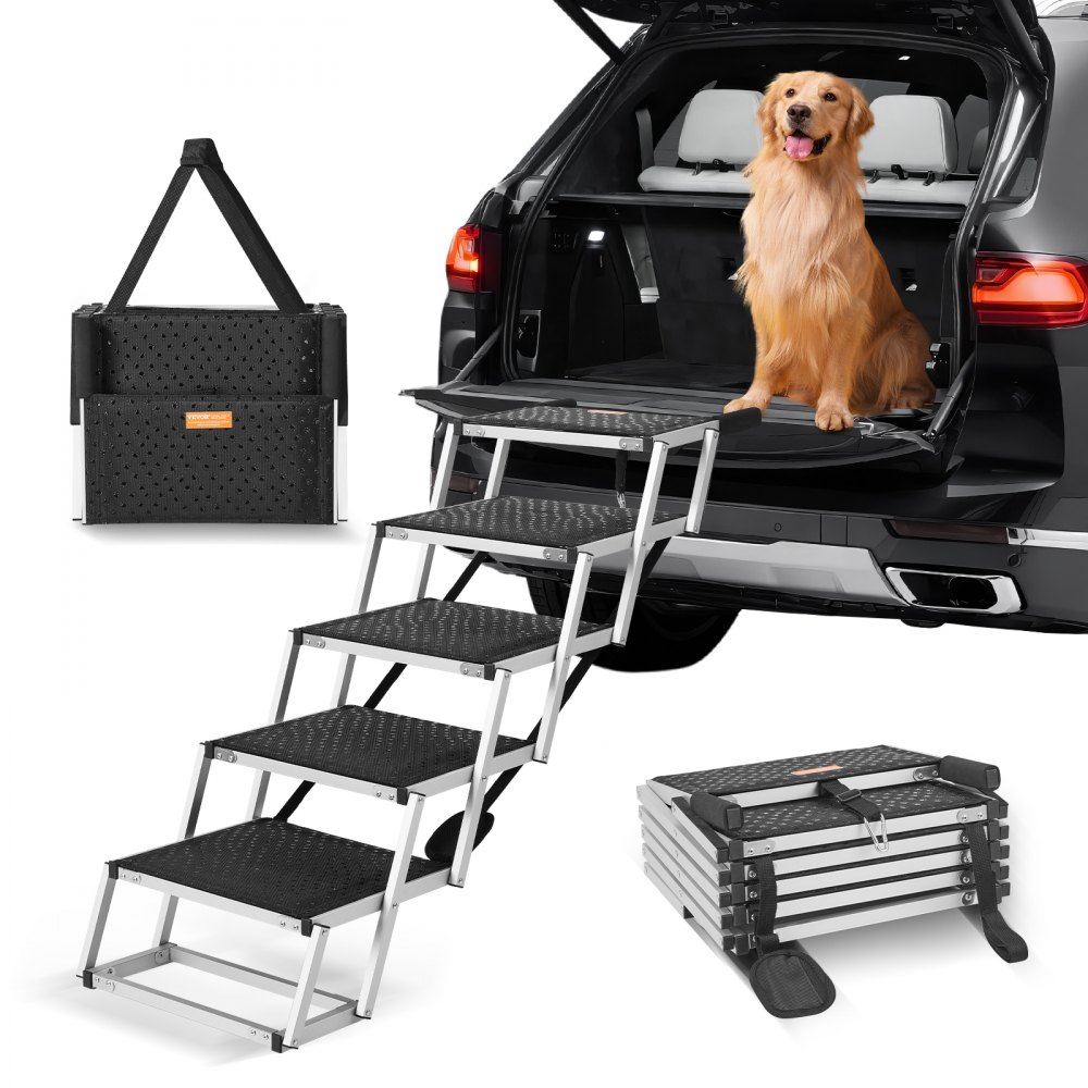 VEVOR Hundetreppe für Autos, breite 5-stufige Hundeautotreppe, zusammenklappbare Hundeautorampe mit rutschfester Oberfläche, tragbare Haustiertreppe aus leichtem Aluminium für Auto, SUV und LKW, trägt bis zu 68 kg