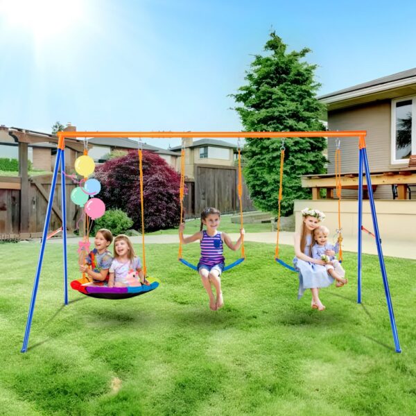VEVOR Schaukel-Sets für den Garten, Schaukel-Set mit einer Tragkraft von 272 kg, mit 1 Tellerschaukelsitz, 2 Schaukelsitzen mit Gurten, robustem A-Rahmen-Schaukelständer aus Metall und verstellbarem Seil, Schaukel-Set für den Außenbereich für Kinder