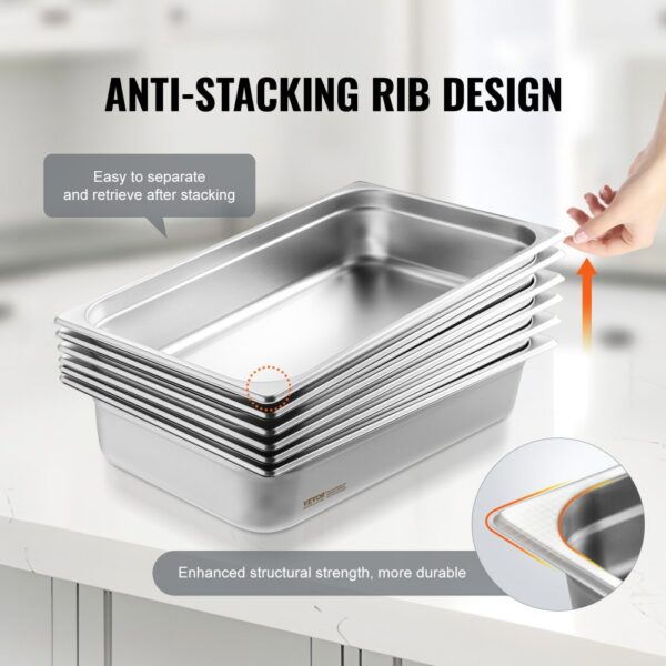 VEVOR 6er-Pack Hotelpfannen, Dampfpfanne in voller Größe mit Anti-Stau-Funktion, 0,8 mm dicke Edelstahl-Dampftischpfanne für Restaurants, 4 Zoll tiefe kommerzielle Tischpfanne, Catering-Aufbewahrungspfanne für Lebensmittel, für Industrie und Wissenschaft – Bild 4