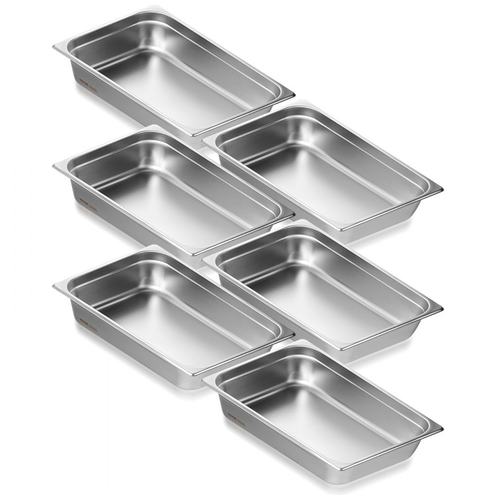 VEVOR 6er-Pack Hotelpfannen, Dampfpfanne in voller Größe mit Anti-Stau-Funktion, 0,8 mm dicke Edelstahl-Dampftischpfanne für Restaurants, 4 Zoll tiefe kommerzielle Tischpfanne, Catering-Aufbewahrungspfanne für Lebensmittel, für Industrie und Wissenschaft