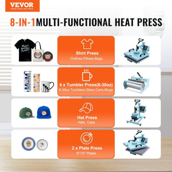 VEVOR Hitzepresse, 15 x 15 Zoll, 5-in-1-Wärmeübertragungsmaschine mit 30-oz-Tumbler-Presse, 360° wegschwenkbares T-Shirt-Pressen, digitale präzise Steuerung, für T-Shirts/Tassen/Hüte/Teller, grün – Bild 2