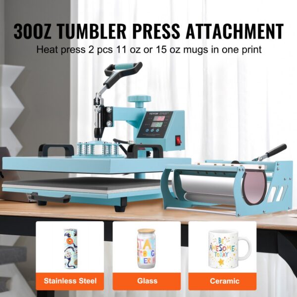 VEVOR Hitzepresse, 15 x 15 Zoll, 5-in-1-Wärmeübertragungsmaschine mit 30-oz-Tumbler-Presse, 360° wegschwenkbares T-Shirt-Pressen, digitale präzise Steuerung, für T-Shirts/Tassen/Hüte/Teller, grün – Bild 3