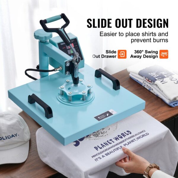 VEVOR Hitzepresse, 15 x 15 Zoll, 5-in-1-Wärmeübertragungsmaschine mit 30-oz-Tumbler-Presse, 360° wegschwenkbares T-Shirt-Pressen, digitale präzise Steuerung, für T-Shirts/Tassen/Hüte/Teller, grün – Bild 4