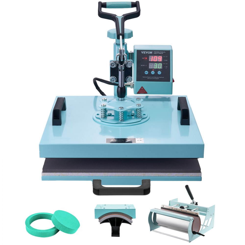 VEVOR Hitzepresse, 15 x 15 Zoll, 5-in-1-Wärmeübertragungsmaschine mit 30-oz-Tumbler-Presse, 360° wegschwenkbares T-Shirt-Pressen, digitale präzise Steuerung, für T-Shirts/Tassen/Hüte/Teller, grün