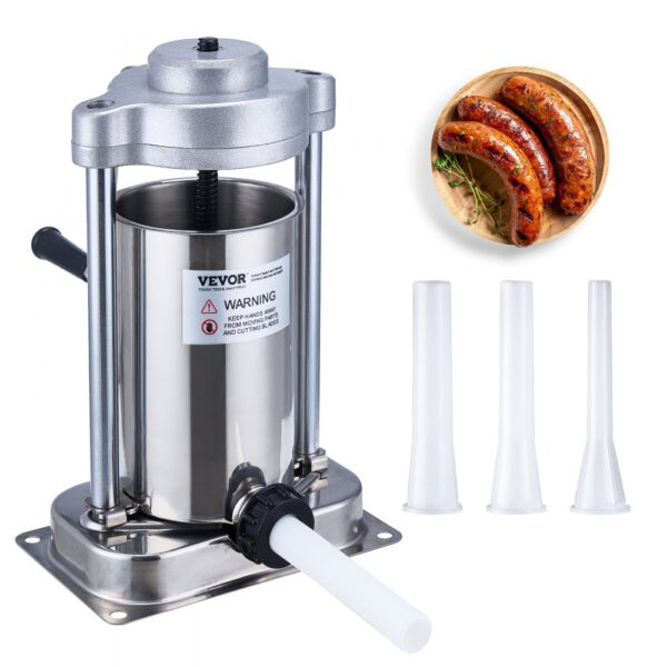 VEVOR Manueller Wurstfüller, 2 l / 5 Pfund vertikale Wurstmaschine mit G-Typ-Klemme, lebensmittelechtes 304 Edelstahlfass mit 2 Füllrohren, für Zuhause, Küche, Restaurant, Gewerbe