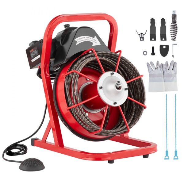 VEVOR Rohrreinigungsmaschine 50 FT x 3/8 Zoll, Kanalisationsspirale mit manueller Zuführung, 250 W elektrische Rohrreinigungsmaschine mit 4 Schneidern und luftaktiviertem Fußschalter für 2" bis 4" Rohre