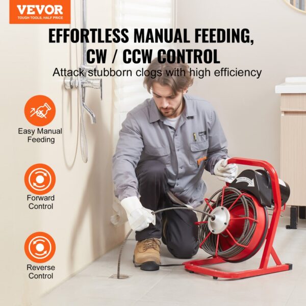 VEVOR Rohrreinigungsmaschine 50 FT x 3/8 Zoll, Kanalisationsspirale mit manueller Zuführung, 250 W elektrische Rohrreinigungsmaschine mit 4 Schneidern und luftaktiviertem Fußschalter für 2" bis 4" Rohre – Bild 2