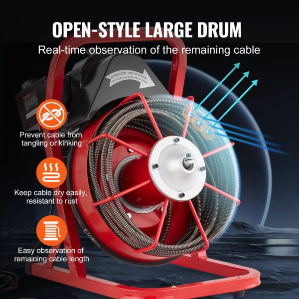VEVOR Rohrreinigungsmaschine 50 FT x 3/8 Zoll, Kanalisationsspirale mit manueller Zuführung, 250 W elektrische Rohrreinigungsmaschine mit 4 Schneidern und luftaktiviertem Fußschalter für 2" bis 4" Rohre – Bild 4