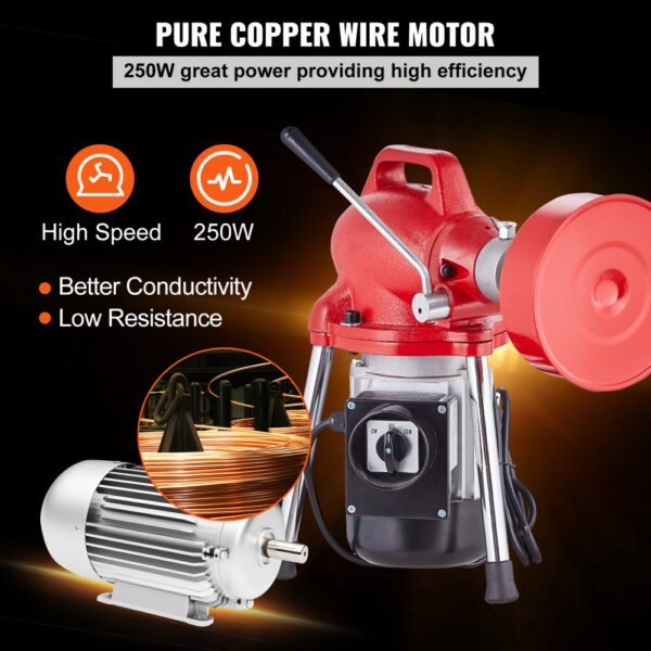 VEVOR Rohrreinigungsmaschine 66 Fuß x 5/8 Zoll, 250 W elektrische Rohrreinigungsmaschine mit manueller Zufuhr – mit 2 Stahlkabeln, 7 Schneidern und CW/CCW-Steuerung für 1,6" bis 4" Rohre – Bild 5