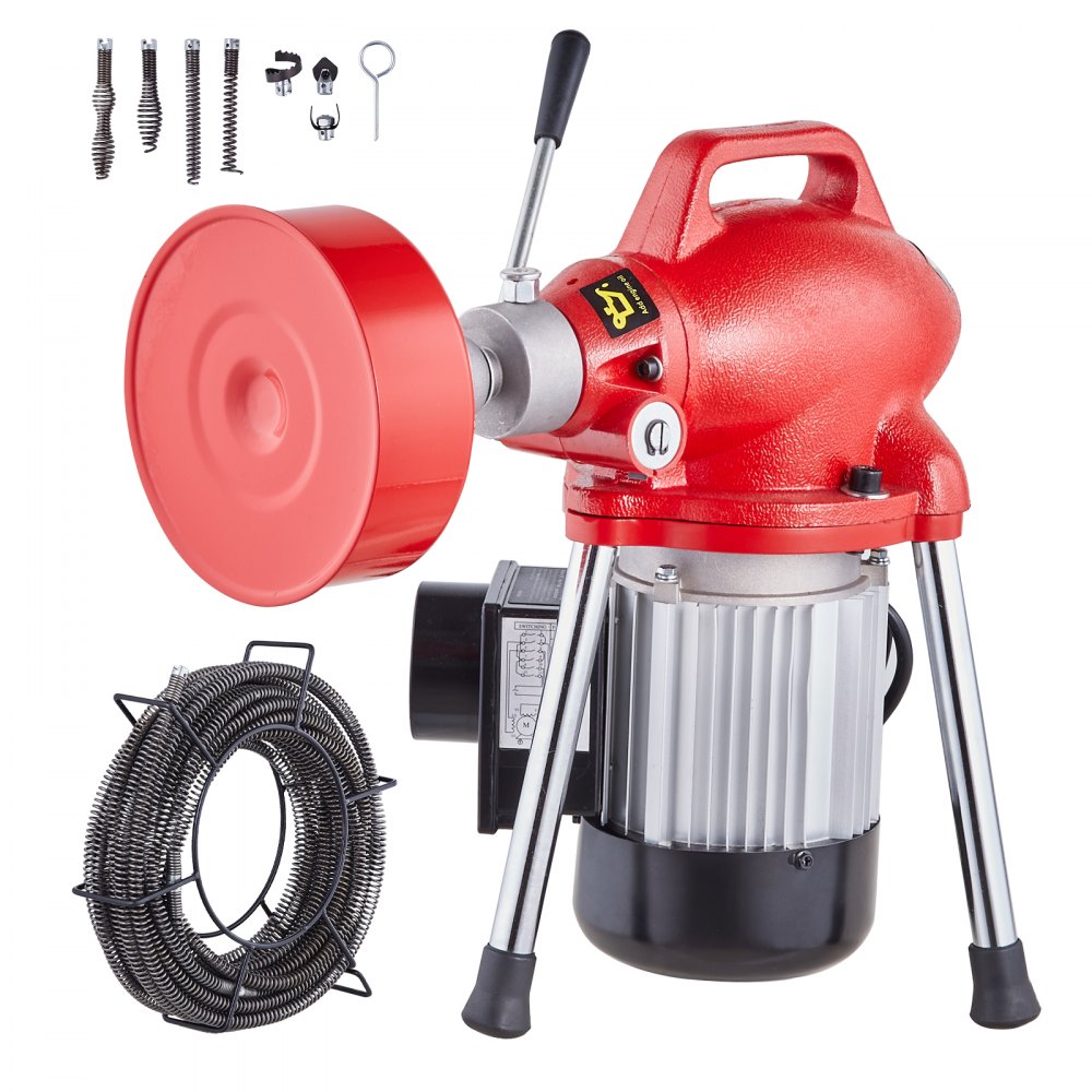 VEVOR Rohrreinigungsmaschine 66 Fuß x 5/8 Zoll, 250 W elektrische Rohrreinigungsmaschine mit manueller Zufuhr – mit 2 Stahlkabeln, 7 Schneidern und CW/CCW-Steuerung für 1,6" bis 4" Rohre