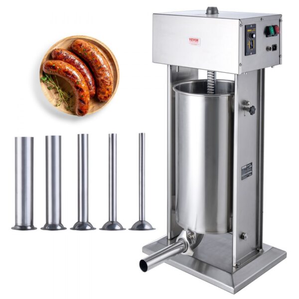 VEVOR Elektrischer Wurstfüller, 25 L / 55 Pfund vertikaler Fleischfüller, 400 W Motor, stufenlose Geschwindigkeitsregelung und Fußpedal, aus lebensmittelechtem 304 Edelstahl, 5 Füllrohre für den Heim- und Gewerbebereich VEVOR Elektrischer Wurstfüller, 25 L / 55 Pfund vertikaler Fleischfüller, 400 W Motor, stufenlose Geschwindigkeitsregelung und Fußpedal, aus lebensmittelechtem 304 Edelstahl, 5 Füllrohre für den Heim- und Gewerbebereich