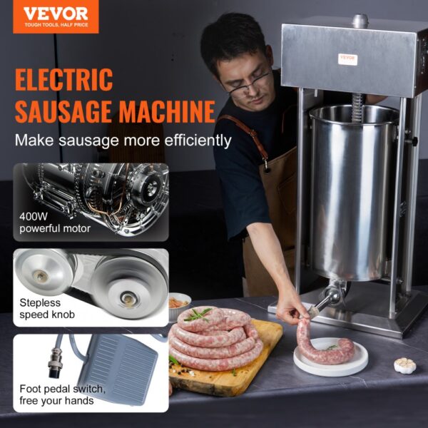 VEVOR Elektrischer Wurstfüller, 25 L / 55 Pfund vertikaler Fleischfüller, 400 W Motor, stufenlose Geschwindigkeitsregelung und Fußpedal, aus lebensmittelechtem 304 Edelstahl, 5 Füllrohre für den Heim- und Gewerbebereich – Bild 2 VEVOR Elektrischer Wurstfüller, 25 L / 55 Pfund vertikaler Fleischfüller, 400 W Motor, stufenlose Geschwindigkeitsregelung und Fußpedal, aus lebensmittelechtem 304 Edelstahl, 5 Füllrohre für den Heim- und Gewerbebereich – Bild 2