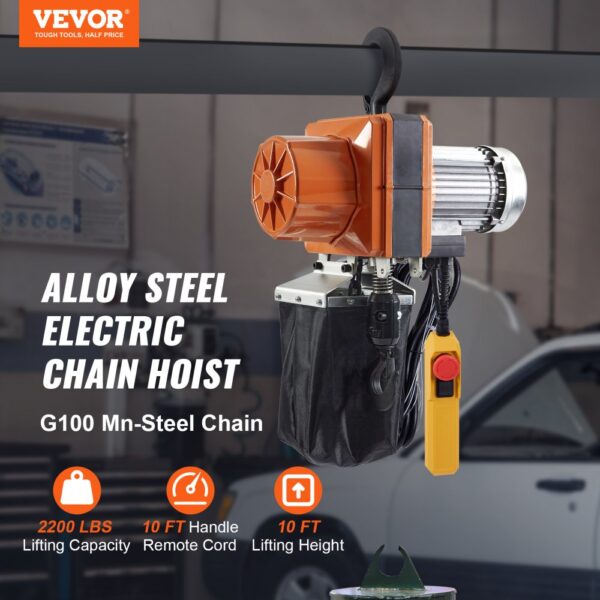 VEVOR Elektrischer Kettenzug, 2200 lbs Tragkraft, 10 ft Hubhöhe, 10,5 ft/min Geschwindigkeit, 230 V, einphasiger Brückenkran mit G100-Kette, 10 ft Kabelfernbedienung für Garage, Geschäft, Hotel, Zuhause – Bild 2