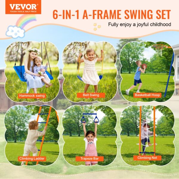 VEVOR Schaukel-Sets für den Garten, 6-in-1-Schaukel-Set mit 2 Schaukeln, Trapezstange, Kletterleiter, Kletternetz und Basketballkorb, 200 kg Tragkraft, robustes Metall-Schaukel-Set für den Außenbereich für Kinder ab 3 Jahren – Bild 2