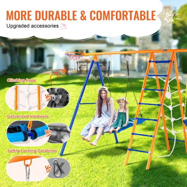 VEVOR Schaukel-Sets für den Garten, 6-in-1-Schaukel-Set mit 2 Schaukeln, Trapezstange, Kletterleiter, Kletternetz und Basketballkorb, 200 kg Tragkraft, robustes Metall-Schaukel-Set für den Außenbereich für Kinder ab 3 Jahren – Bild 4