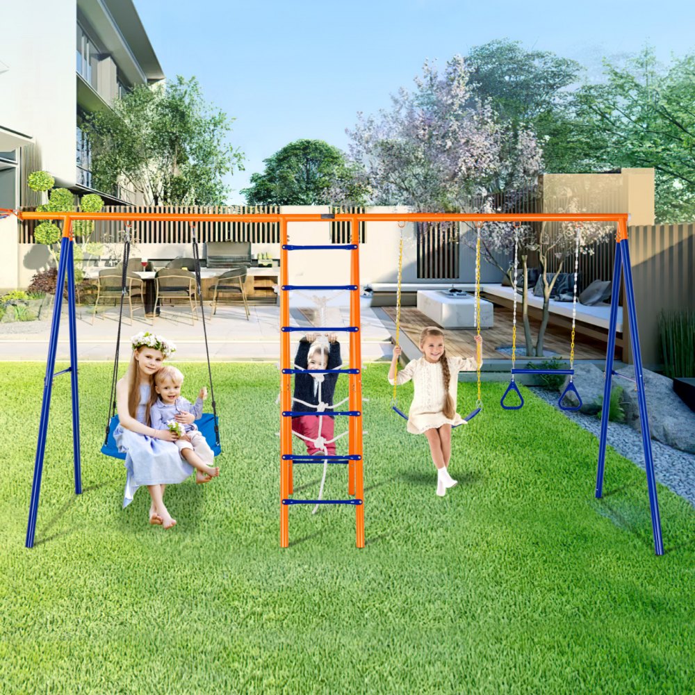 VEVOR Schaukel-Sets für den Garten, 6-in-1-Schaukel-Set mit 2 Schaukeln, Trapezstange, Kletterleiter, Kletternetz und Basketballkorb, 200 kg Tragkraft, robustes Metall-Schaukel-Set für den Außenbereich für Kinder ab 3 Jahren