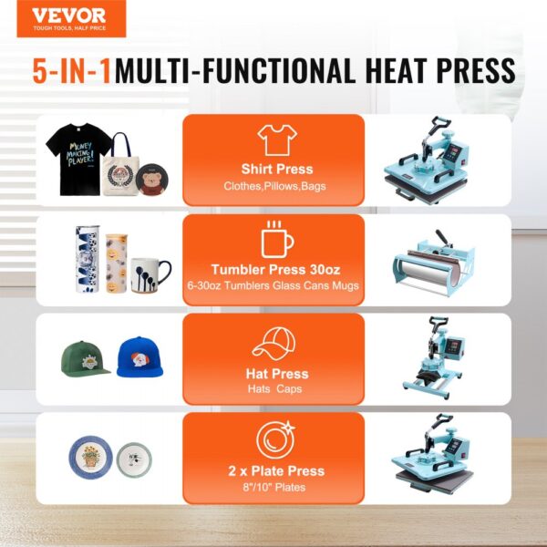 VEVOR Hitzepresse Transferpresse 30x38cm 8 in 1 Tumbler Presse T-Shirts Blau – Bild 2