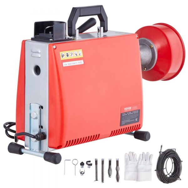 VEVOR 250W Rohrreinigungsmaschine Rohrreinigungsgerät, 20mx15,8mm/4,6mx9,5mm Stahlseile für Rohre von 4-10 cm, mit 7 Schnellwechsel-Rohrschneidern für Wohnungen, Büros und öffentlichen Räumen
