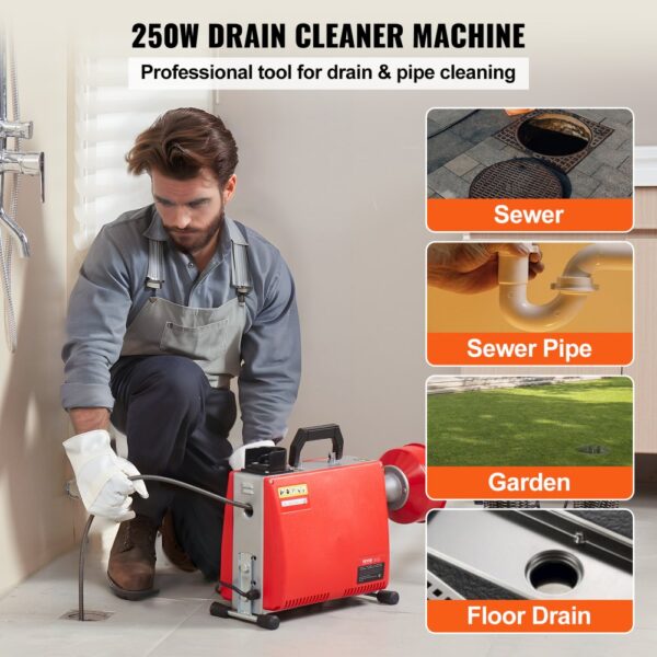 VEVOR 250W Rohrreinigungsmaschine Rohrreinigungsgerät, 20mx15,8mm/4,6mx9,5mm Stahlseile für Rohre von 4-10 cm, mit 7 Schnellwechsel-Rohrschneidern für Wohnungen, Büros und öffentlichen Räumen – Bild 2