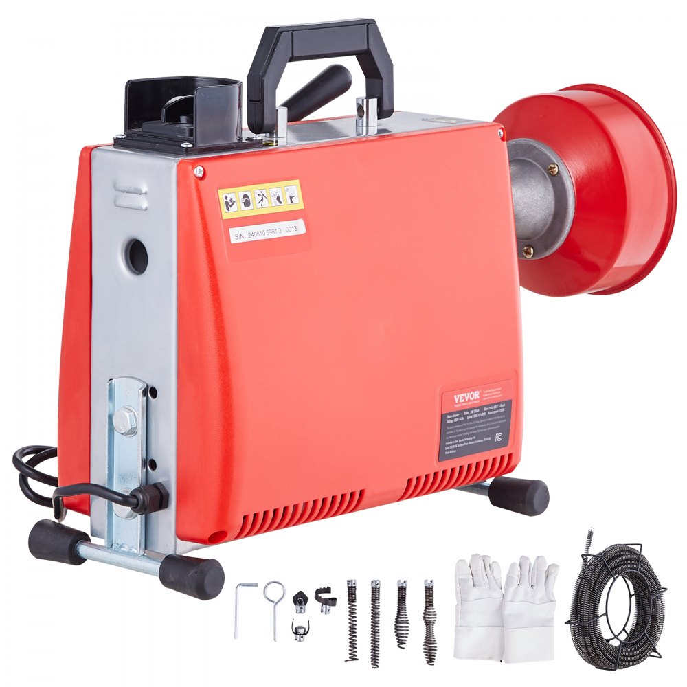 VEVOR 250W Rohrreinigungsmaschine Rohrreinigungsgerät, 20mx15,8mm/4,6mx9,5mm Stahlseile für Rohre von 4-10 cm, mit 7 Schnellwechsel-Rohrschneidern für Wohnungen, Büros und öffentlichen Räumen