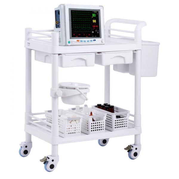 VEVOR Laborwagen mit 2 Ebenen, Laborwagen mit 2 Ablagen, 2 Schubladen und 4 leisen Rädern, mobiler medizinischer Wagen aus PP-Material, Laborrollwagen mit 3 Mülleimern für Labor, Klinik, Krankenhaus, Salon, weiß