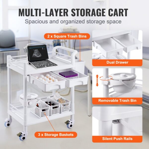 VEVOR Laborwagen mit 2 Ebenen, Laborwagen mit 2 Ablagen, 2 Schubladen und 4 leisen Rädern, mobiler medizinischer Wagen aus PP-Material, Laborrollwagen mit 3 Mülleimern für Labor, Klinik, Krankenhaus, Salon, weiß – Bild 5