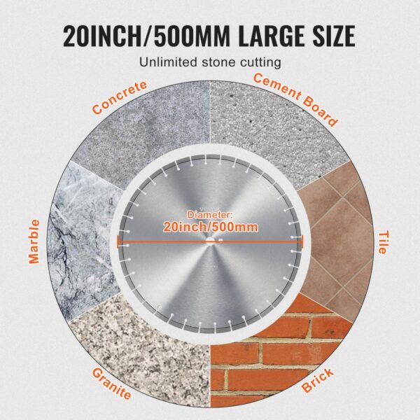 VEVOR Diamantsägeblatt Betonsägeblatt 50 cm für Nass- oder Trockenarbeiten, 12 mm Diamantsegmentsägeblatt mit flachen Zähnen, Mittellochdurchmesser 25,4 mm, für Beton, Zementplatten, Fliesen, Ziegel – Bild 5
