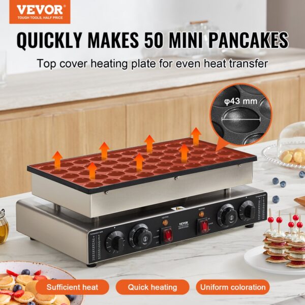 VEVOR Mini-Pfannkuchenmaker kommerzielle Dutch mini Pfannkuchen Maschine, 50 Stk., 43 mm Durchmesser, Dorayaki-Backmaschine, 1700 W, duale Temperatur- und Zeitregelung, in Küchen und Restaurant – Bild 2